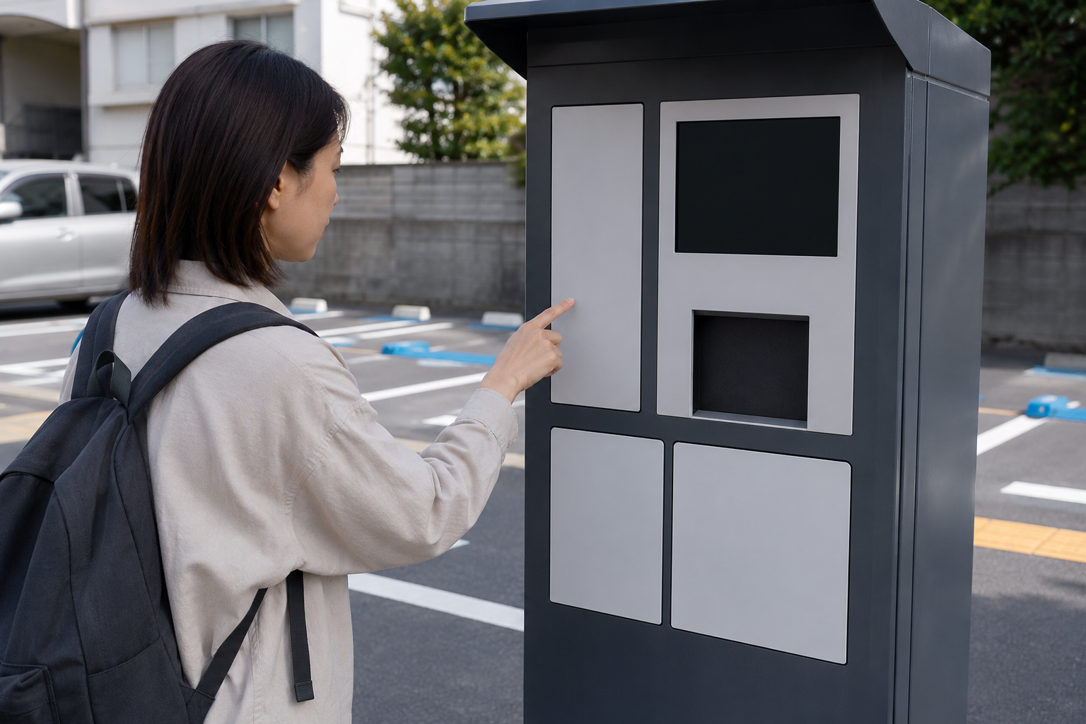 AI-generated illustration of a traveler checking a generic parking payment machine with blank panels