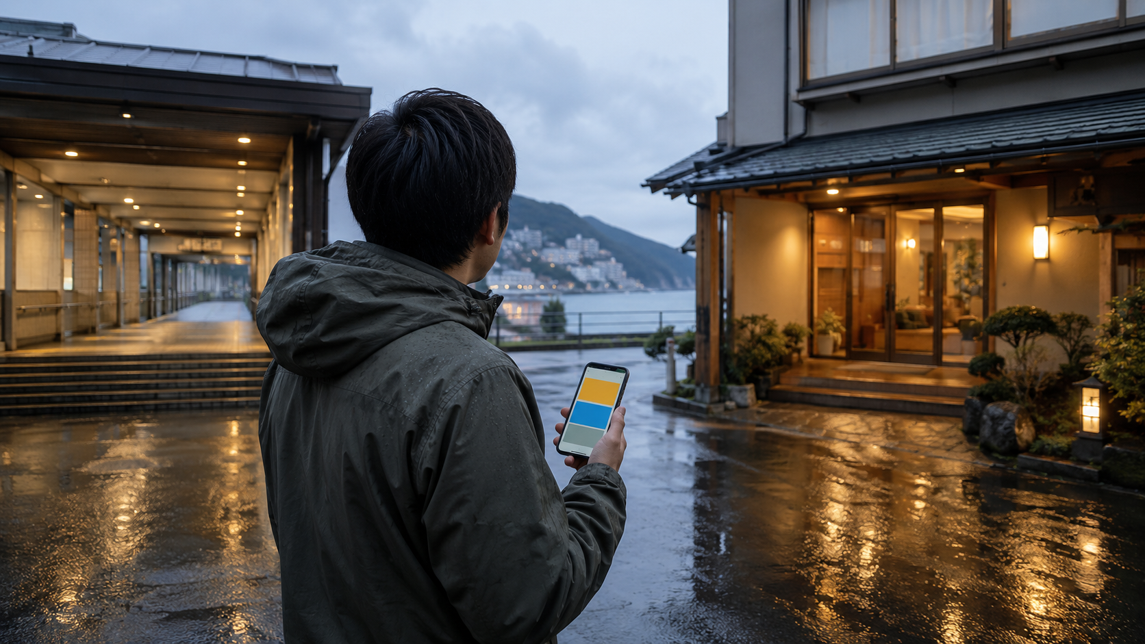 AI-generated editorial illustration of a traveler checking weather and choosing a sheltered Plan B