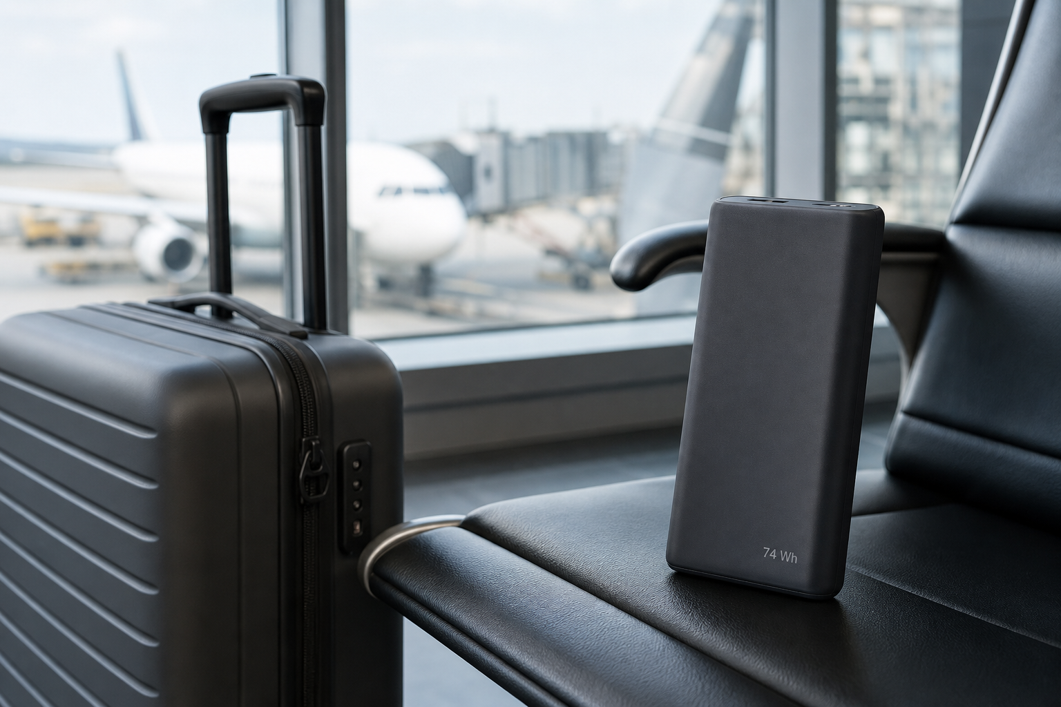 Power bank beside carry-on baggage before a flight in Japan
