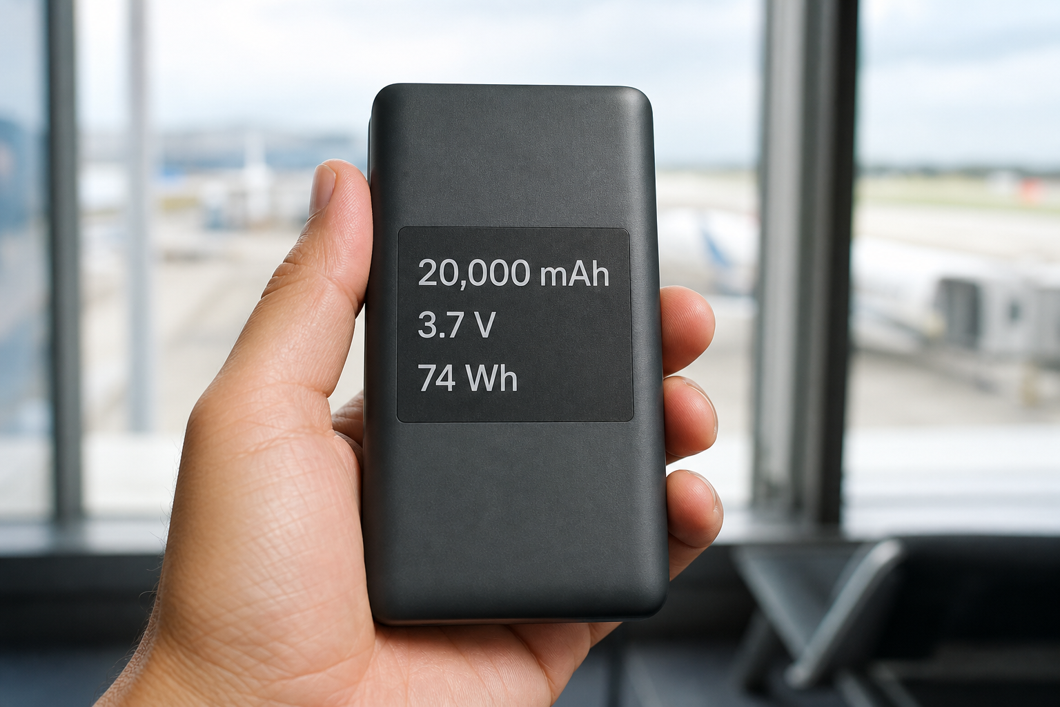 Traveler checking the Wh rating printed on a power bank