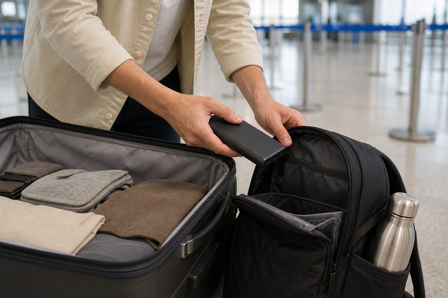 Traveler moving a power bank from checked baggage to carry-on baggage