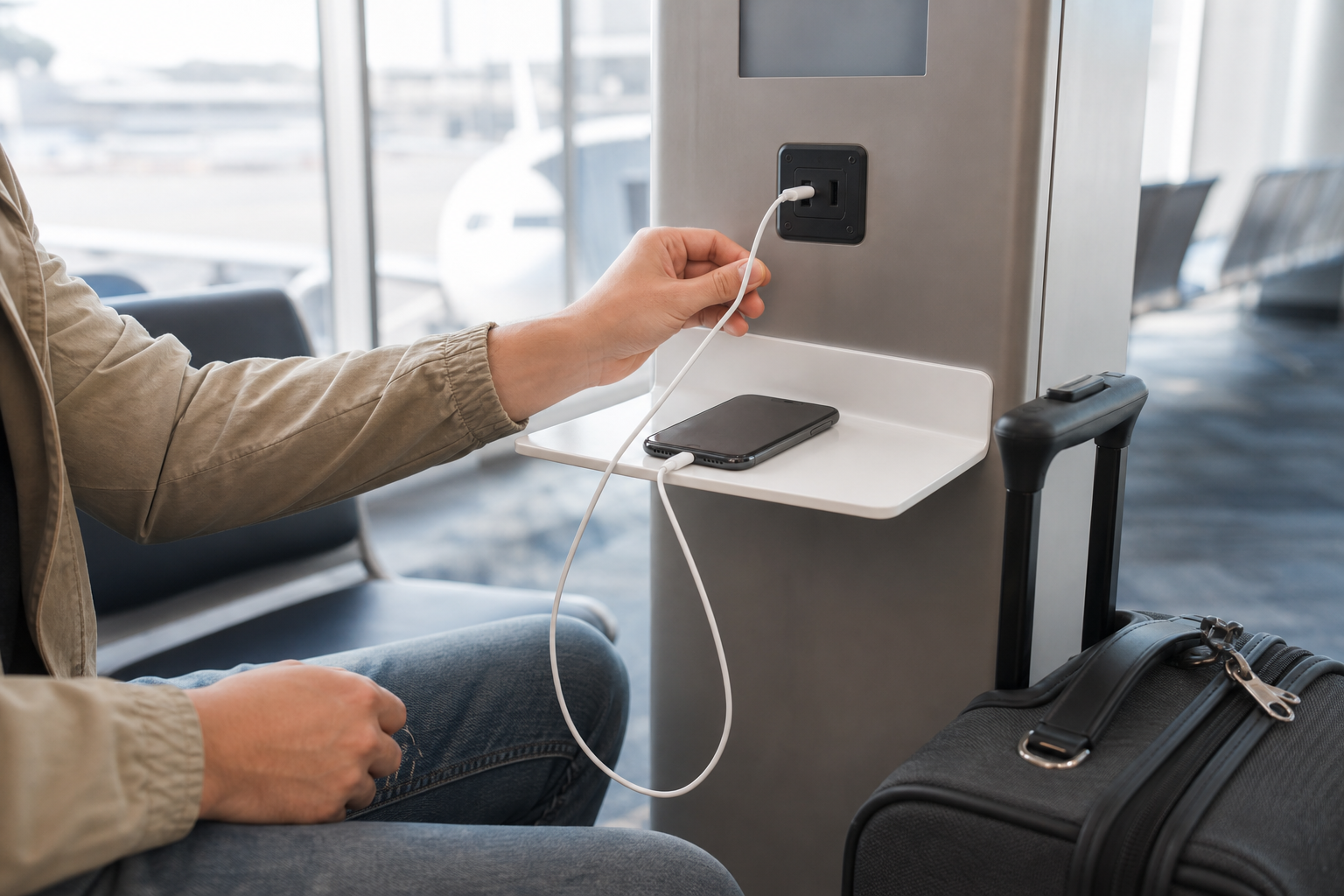 Traveler charging a phone at the airport before boarding