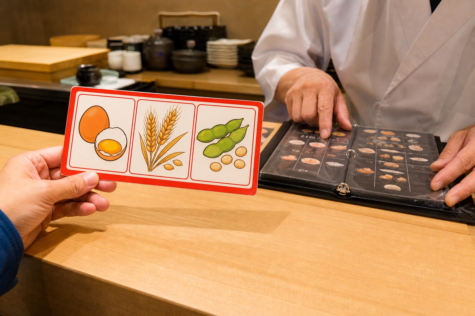 Traveler showing egg, wheat and soybean allergy pictograms while restaurant staff checks ingredient information