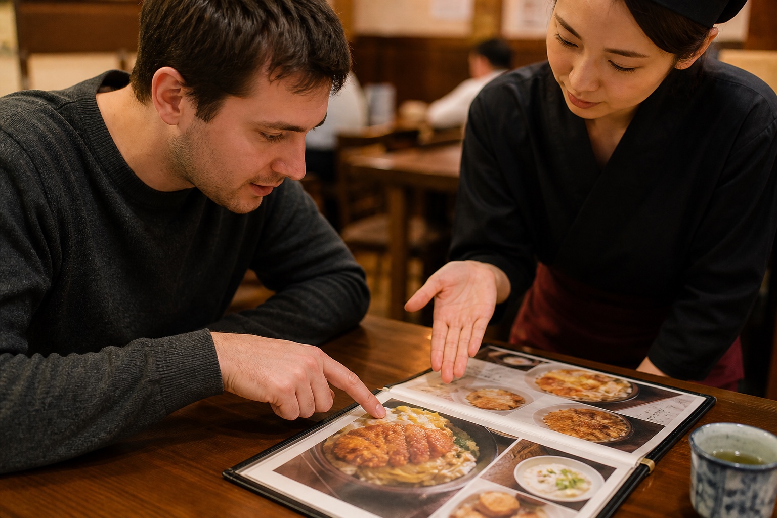 Traveler pointing to a katsudon menu photo while speaking with restaurant staff