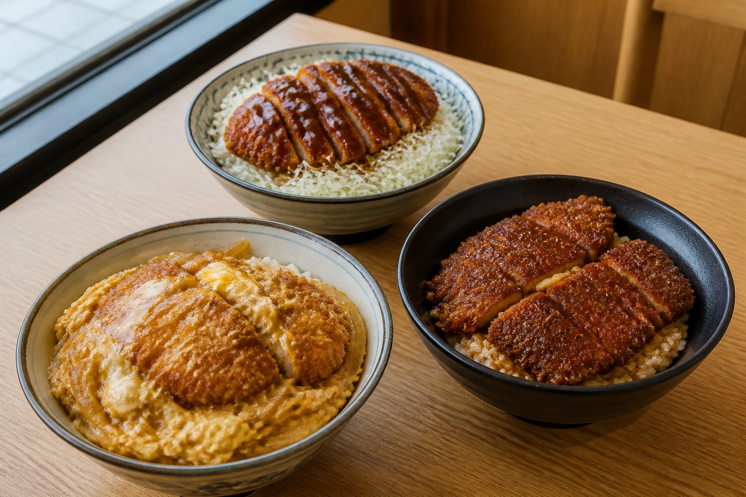 Three illustrative bowls showing egg-bound and sauce-coated katsudon variations