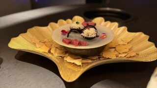 Wagyu tartare presented on a gold ginkgo-leaf plate at KIRAMEKI