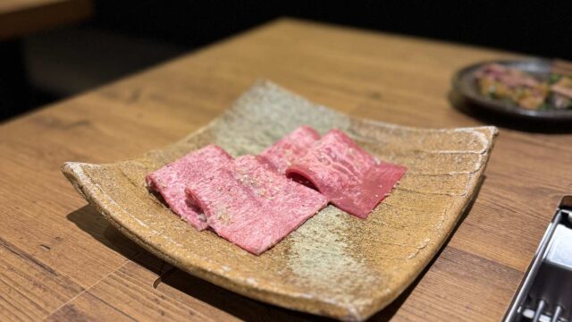 Marbled beef slices ready to grill at Yakiniku Gyusha