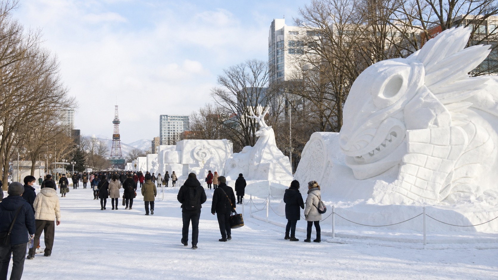Visitors walking past large snow sculptures in Odori Park during daylight