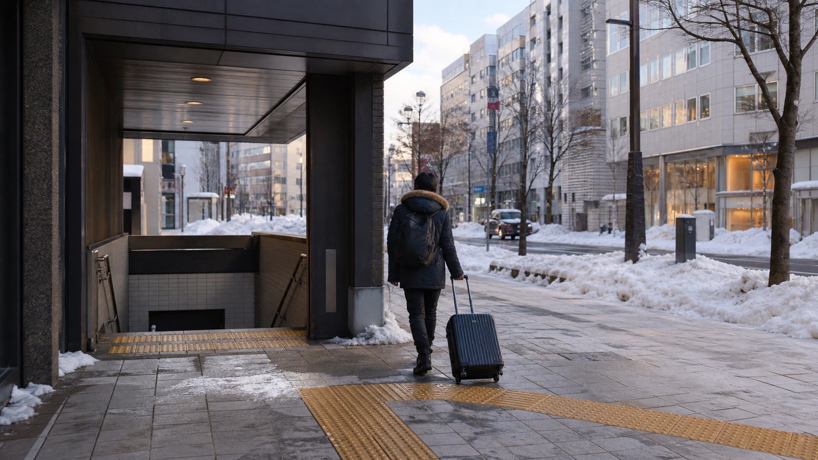 Winter traveler with luggage outside a Sapporo subway entrance near a hotel