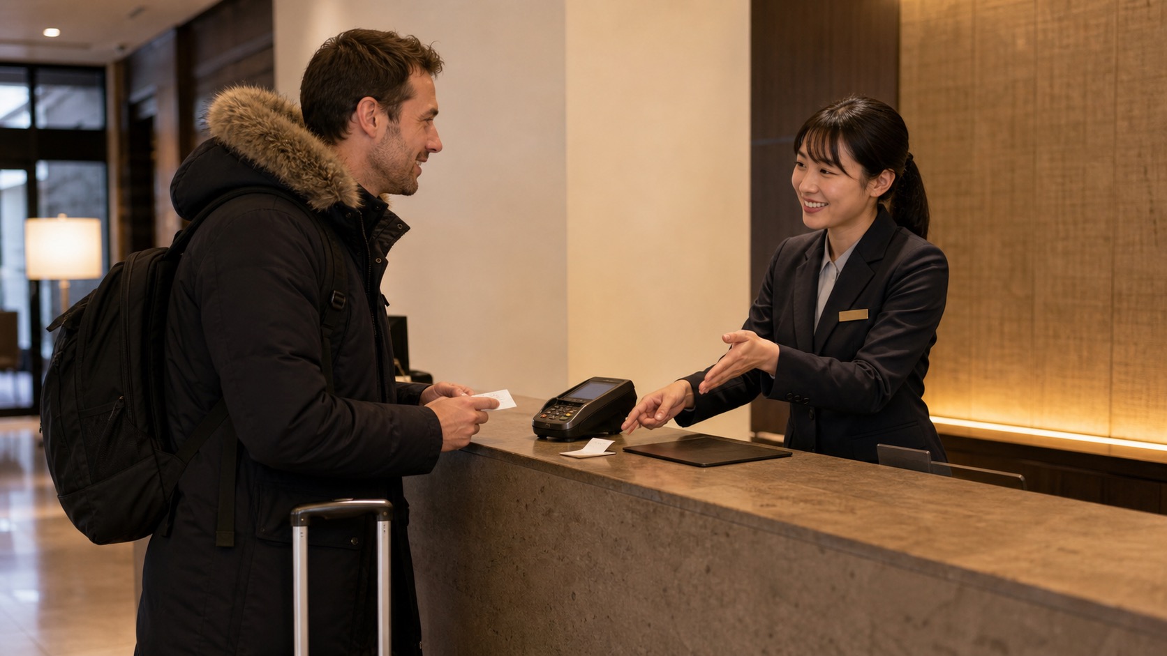 Hotel guest confirming an accommodation tax charge at a Sapporo front desk