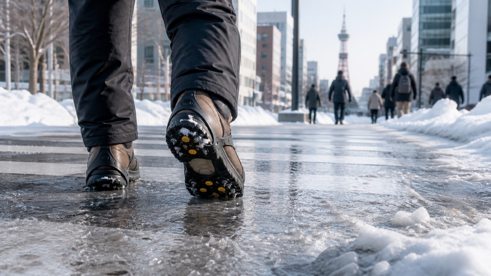 Winter boots with anti-slip grips on an icy Sapporo crossing