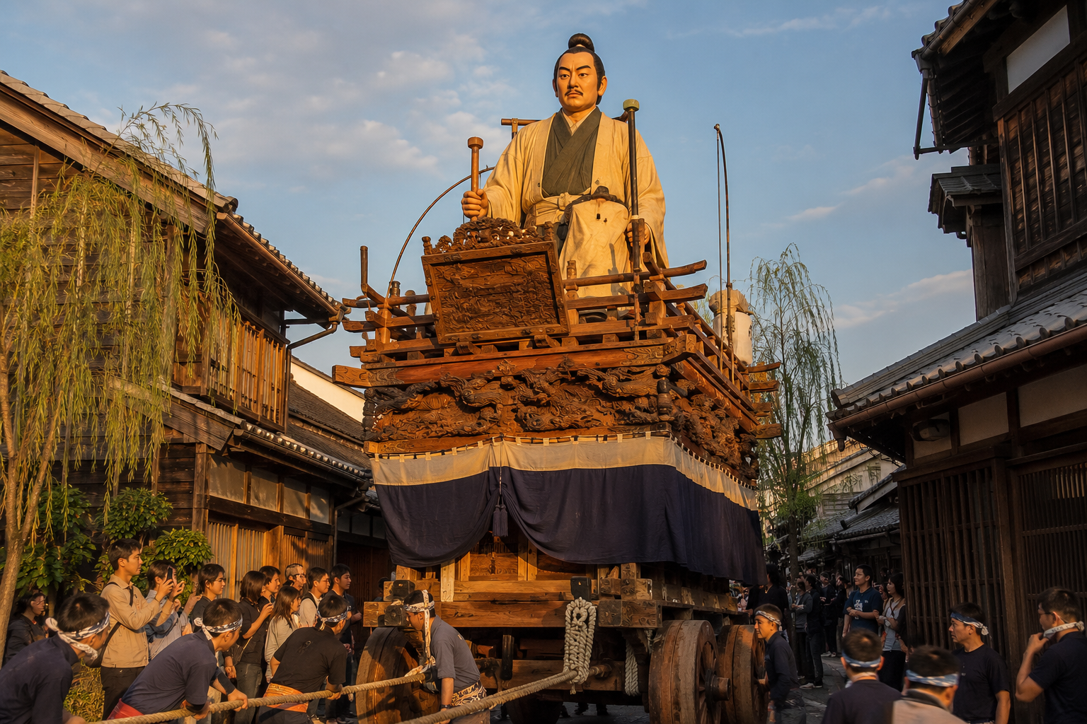 AI-generated illustration of a large traditional festival float moving through a historic Sawara-style street
