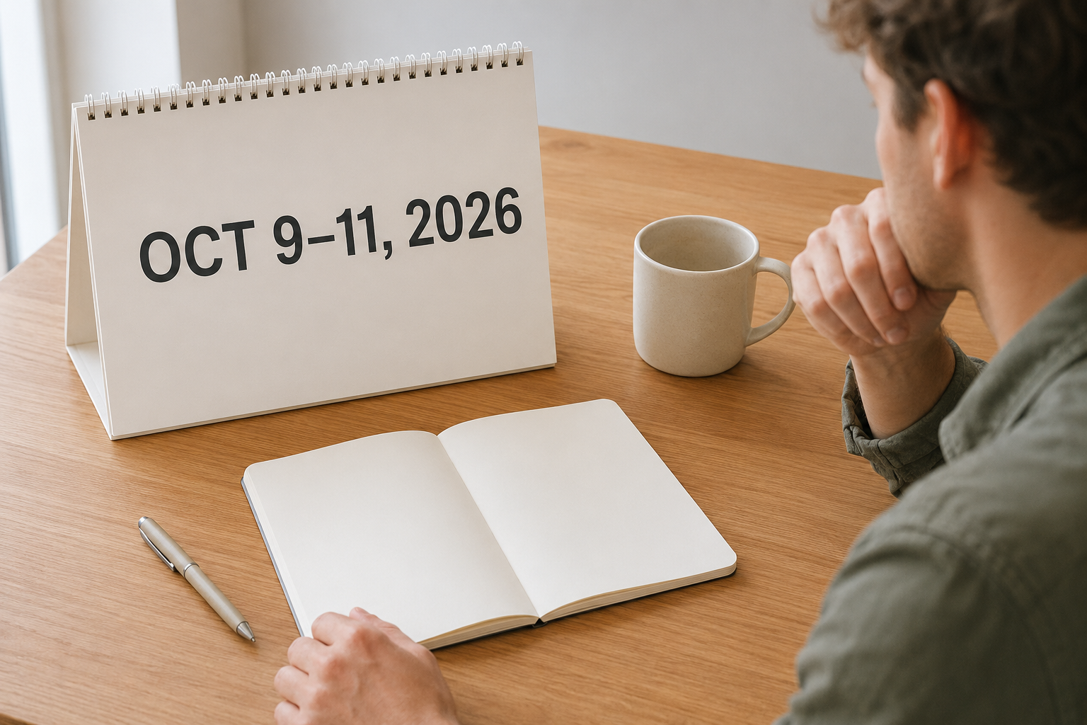 AI-generated illustration of a traveler marking October 9 to 11, 2026 on a trip-planning calendar