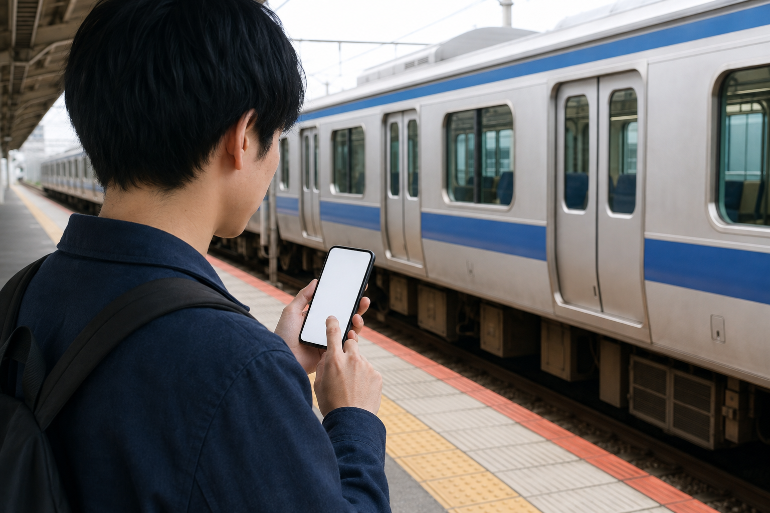 AI-generated illustration of a traveler checking a regular regional train route on a Japanese platform