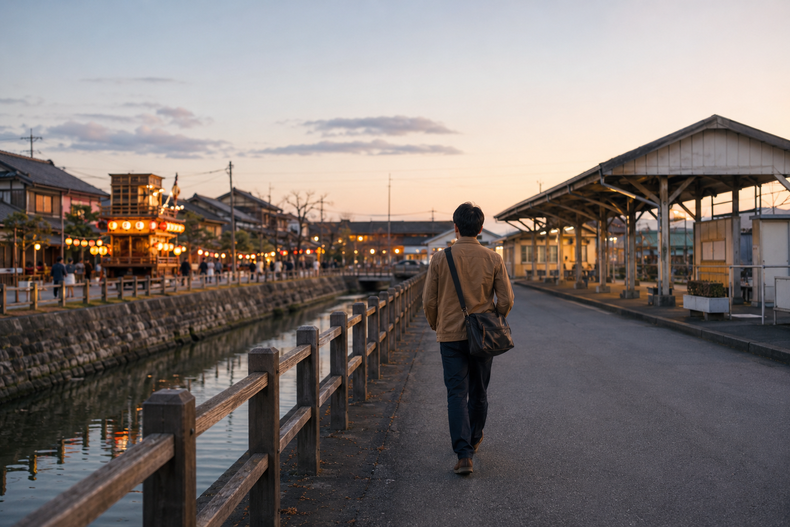 AI-generated illustration of a traveler leaving festival lights behind and heading toward a station