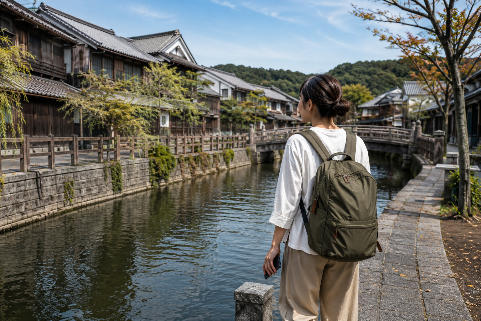 AI-generated illustration of a traveler taking a flexible daytime walk beside a historic canal in Sawara