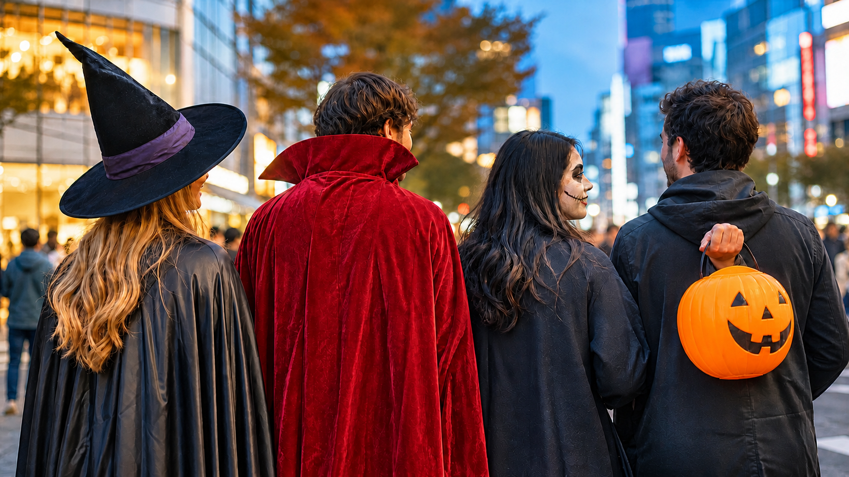 Four adult travelers in unmistakable Halloween costumes at autumn dusk in Tokyo