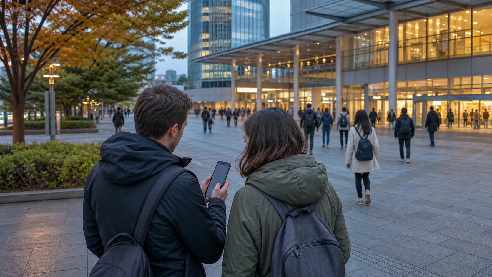 Travelers checking their route outside a Japanese station before entering