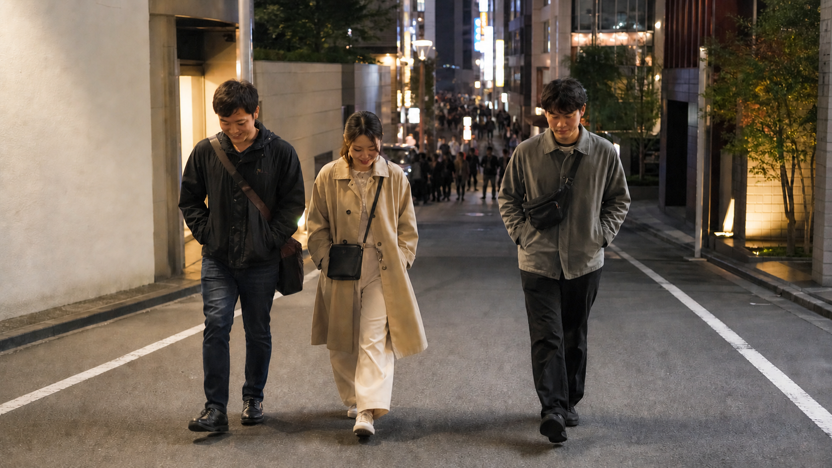 A calm group leaving a denser area by a well-lit side route