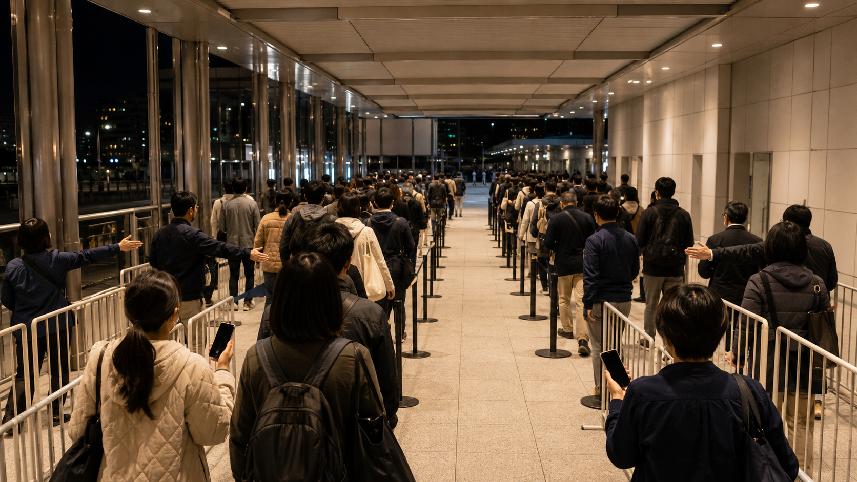 AI-generated editorial illustration of an orderly post-event crowd approaching a rail station