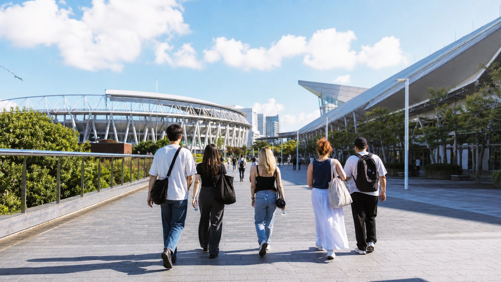 International music fans walking through a sunny coastal event district near a stadium and exhibition halls