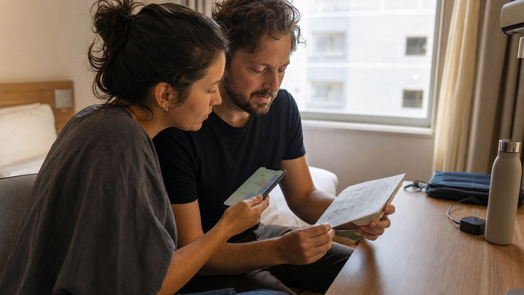 Two adult travelers comparing an unreadable event timetable on a phone and paper in a Japanese hotel room