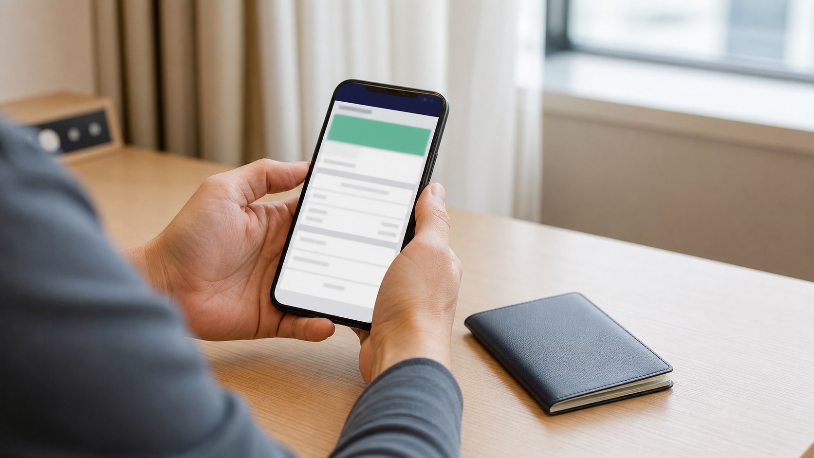 Traveler checking a blurred digital ticket confirmation beside a closed passport wallet