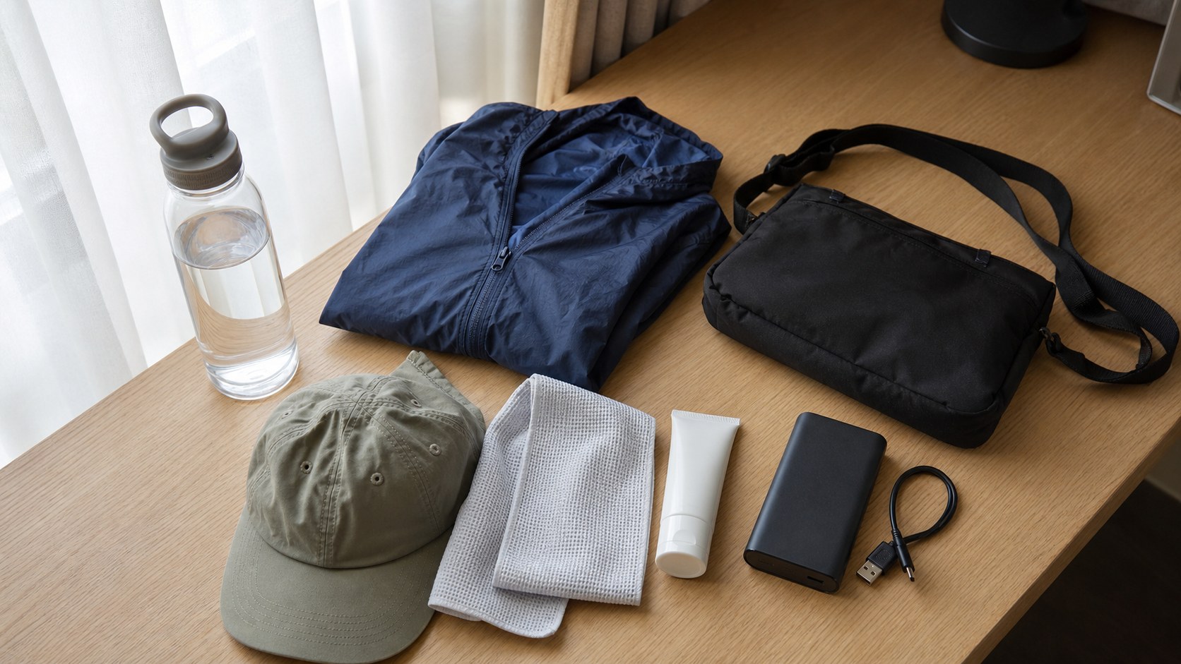 Reusable bottle, cooling towel, cap, sunscreen, power bank, rain jacket and small bag on a hotel desk