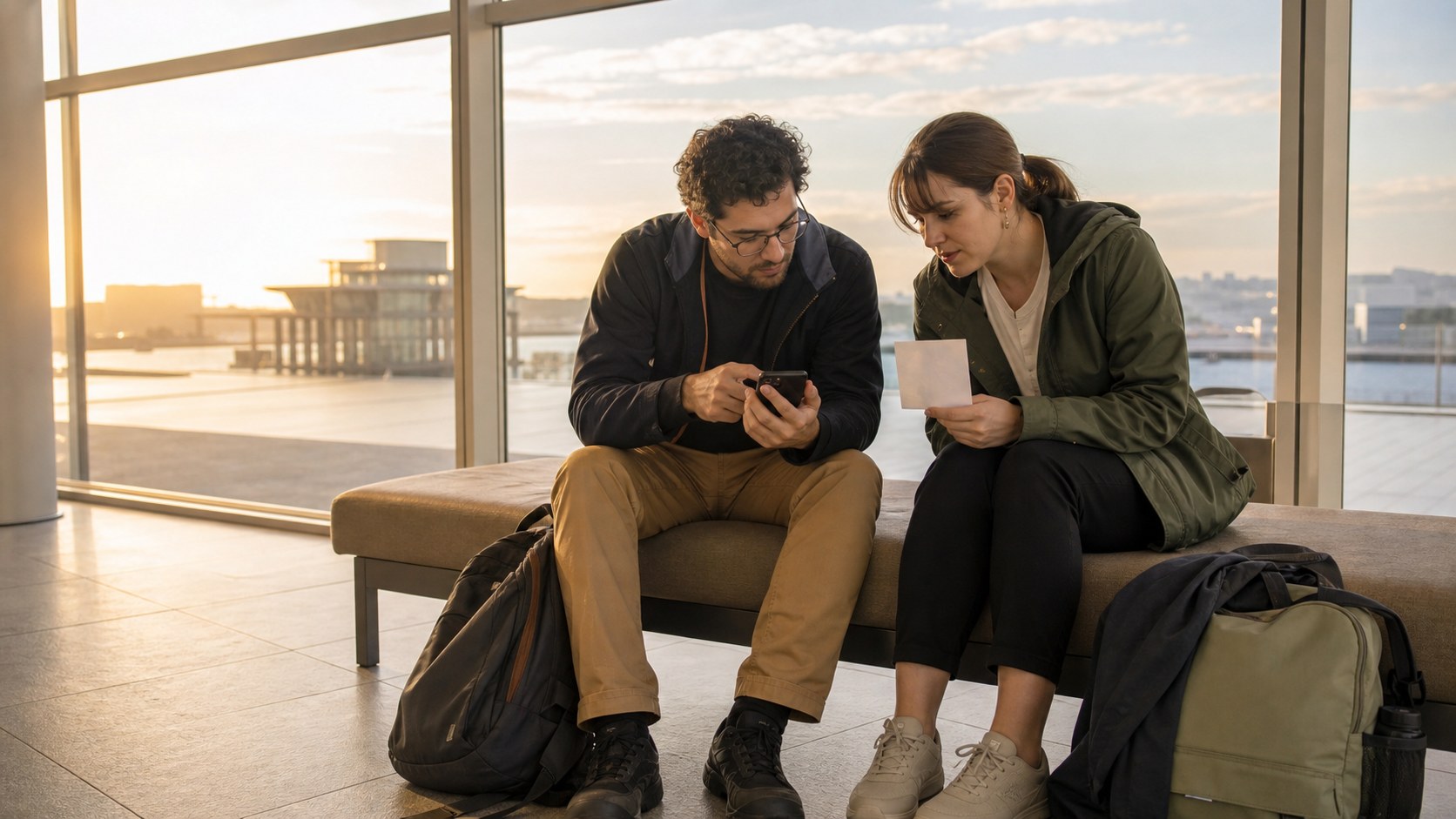 Two travelers resting indoors while checking an unreadable return route at golden hour