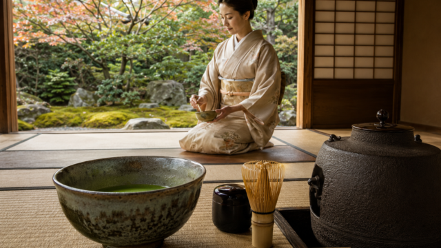 AI-generated illustration of a Japanese tea host, matcha bowl and utensils in a tatami room