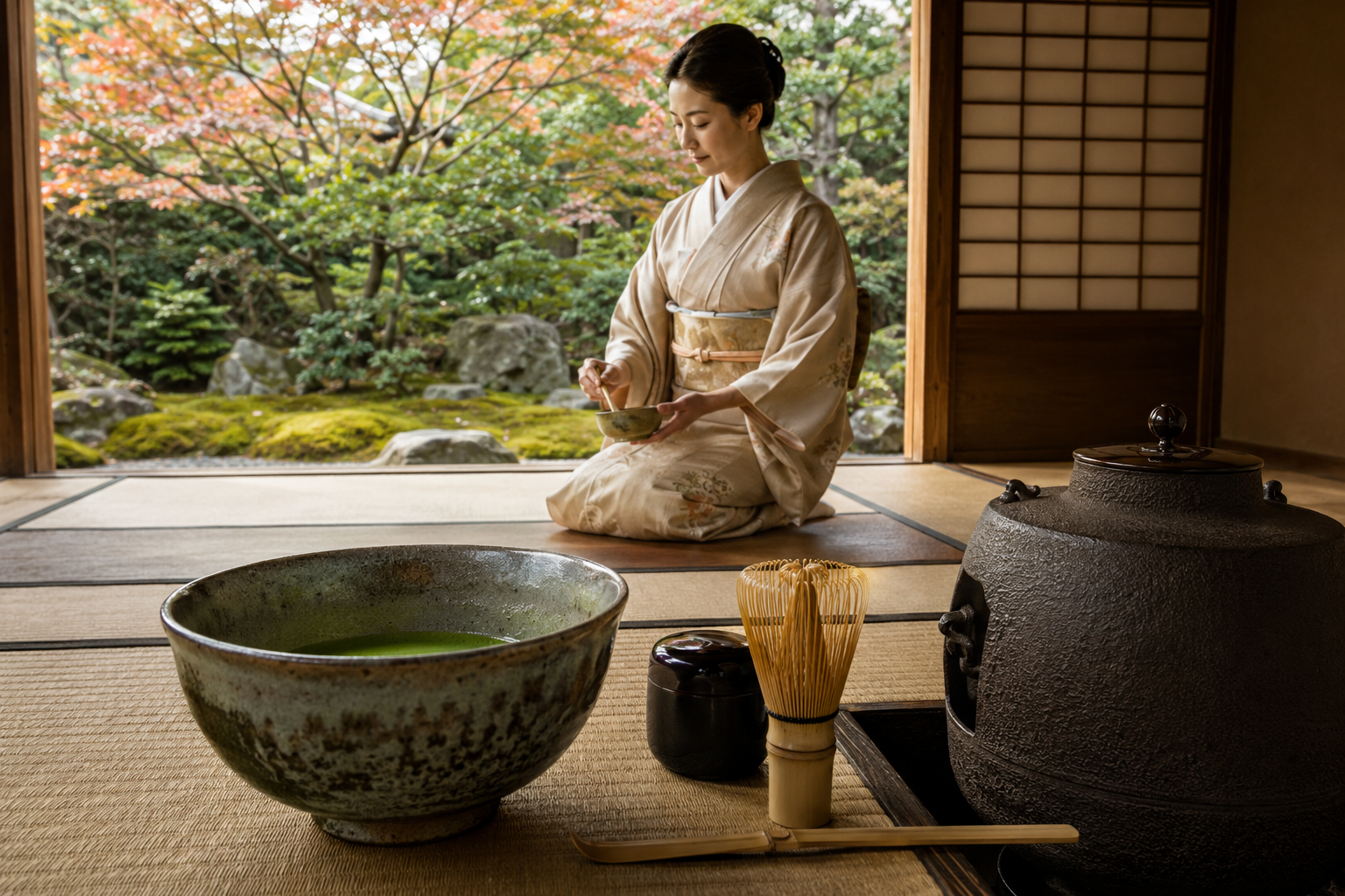 AI-generated illustration of a Japanese tea host, matcha bowl and utensils in a tatami room
