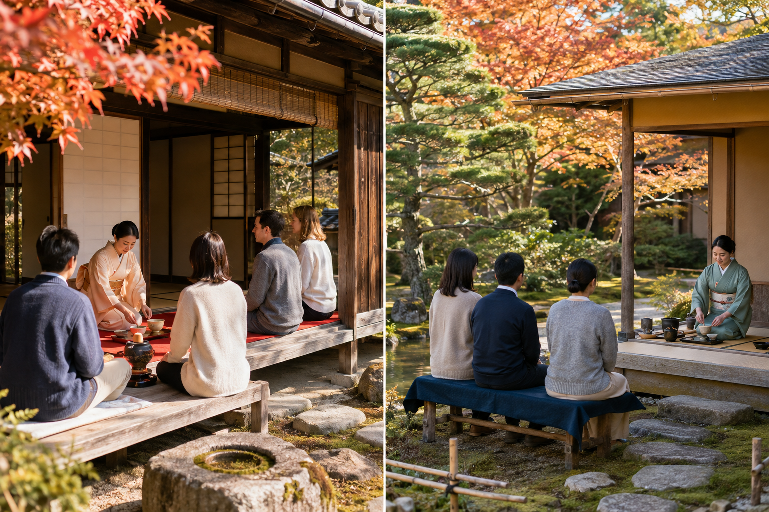 AI-generated comparison of a historic indoor tea setting and an autumn garden tea setting