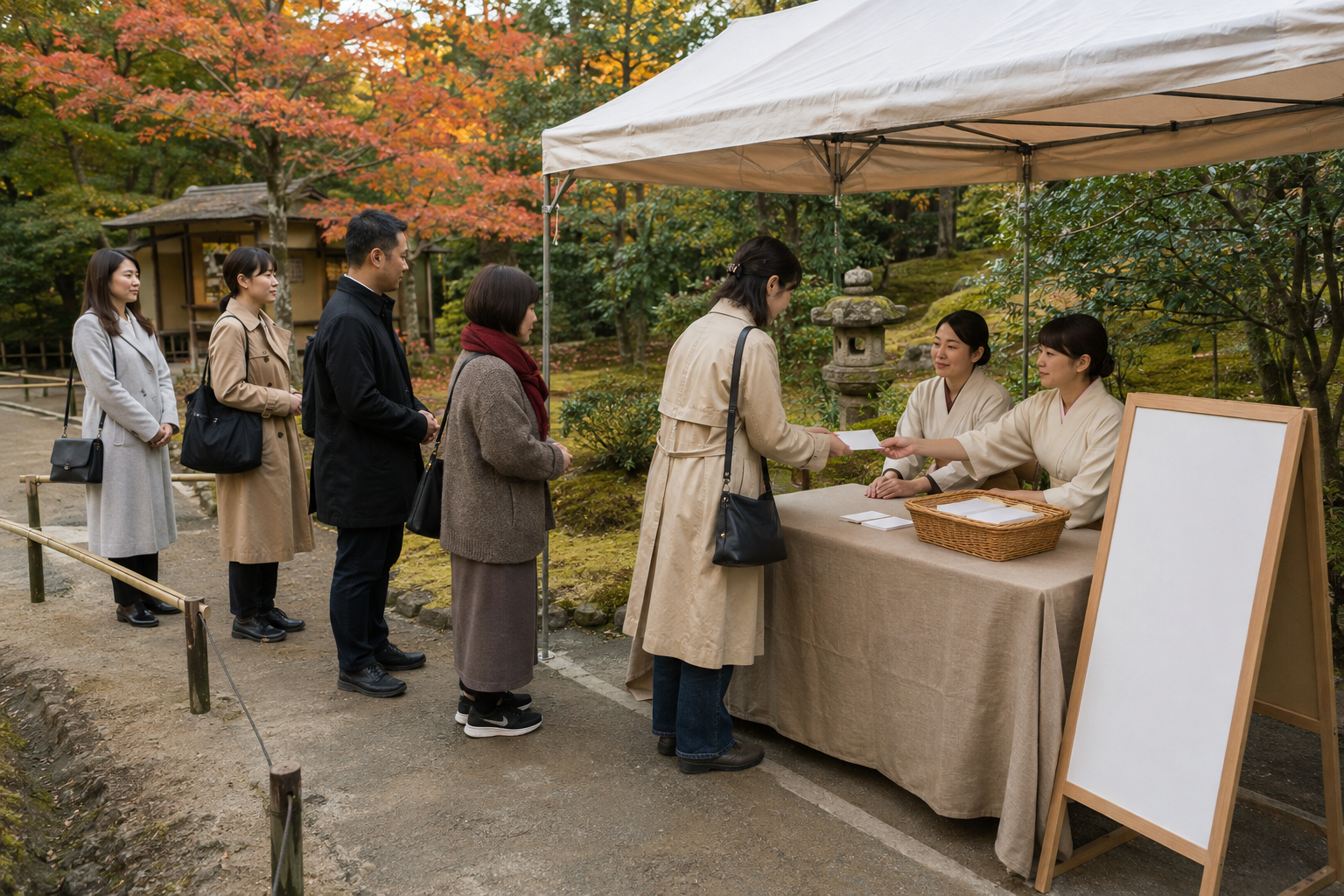 AI-generated illustration of an orderly same-day tea-ticket queue with blank cards