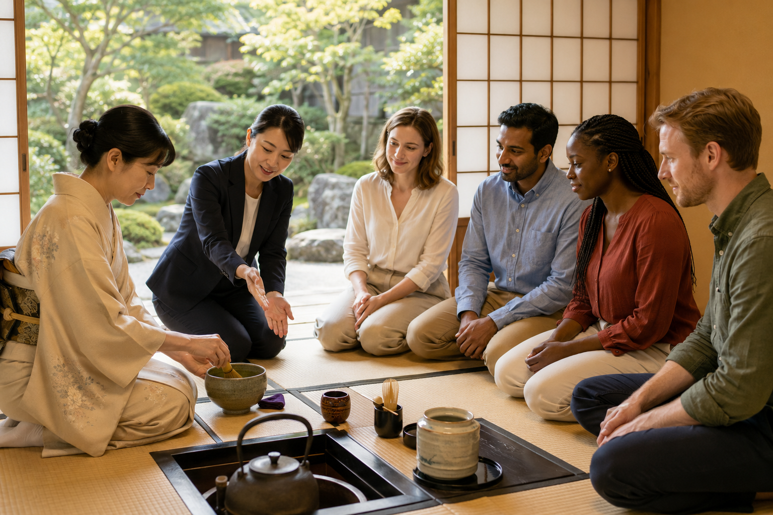 AI-generated tea gathering with an interpreter assisting international visitors