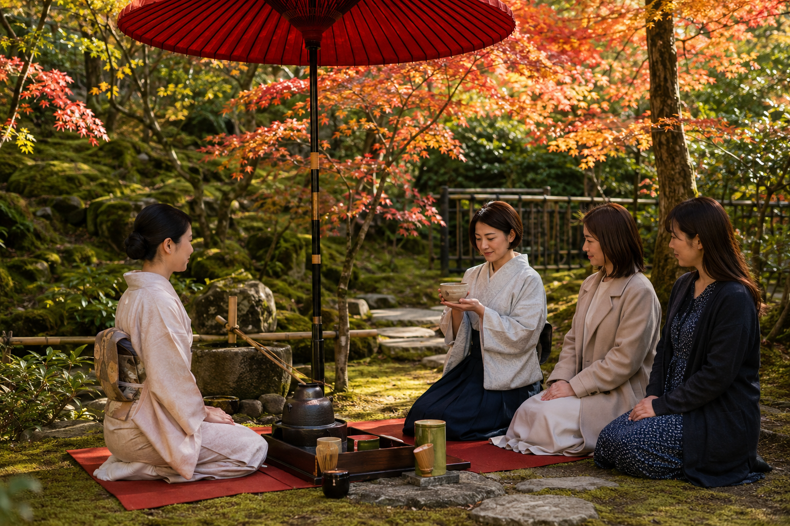 AI-generated outdoor tea gathering beneath a red parasol in an autumn garden