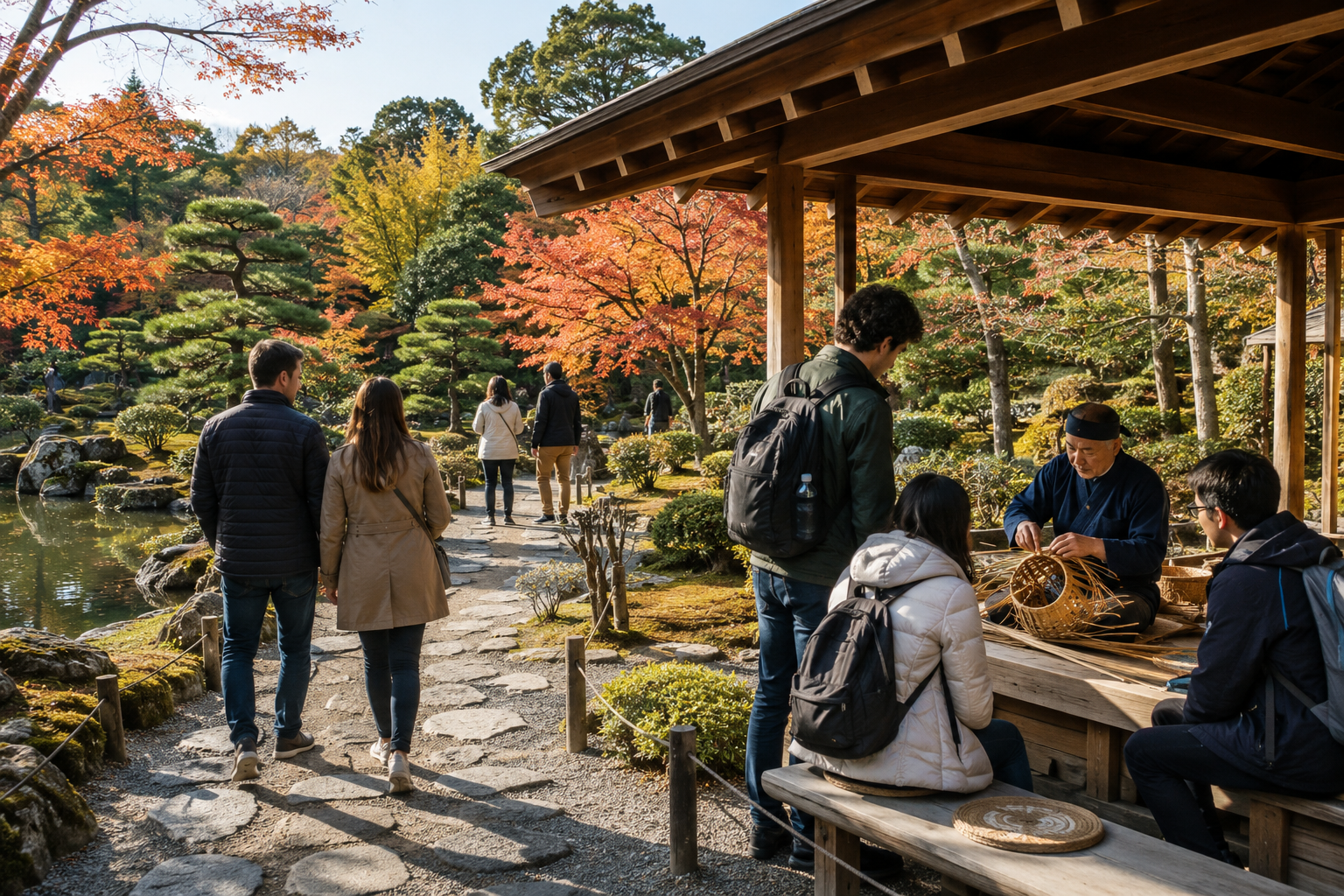 AI-generated alternative garden visit with a public bamboo-craft demonstration