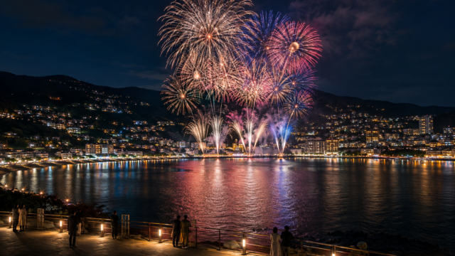 AI-generated editorial illustration of fireworks over a mountain-framed coastal bay