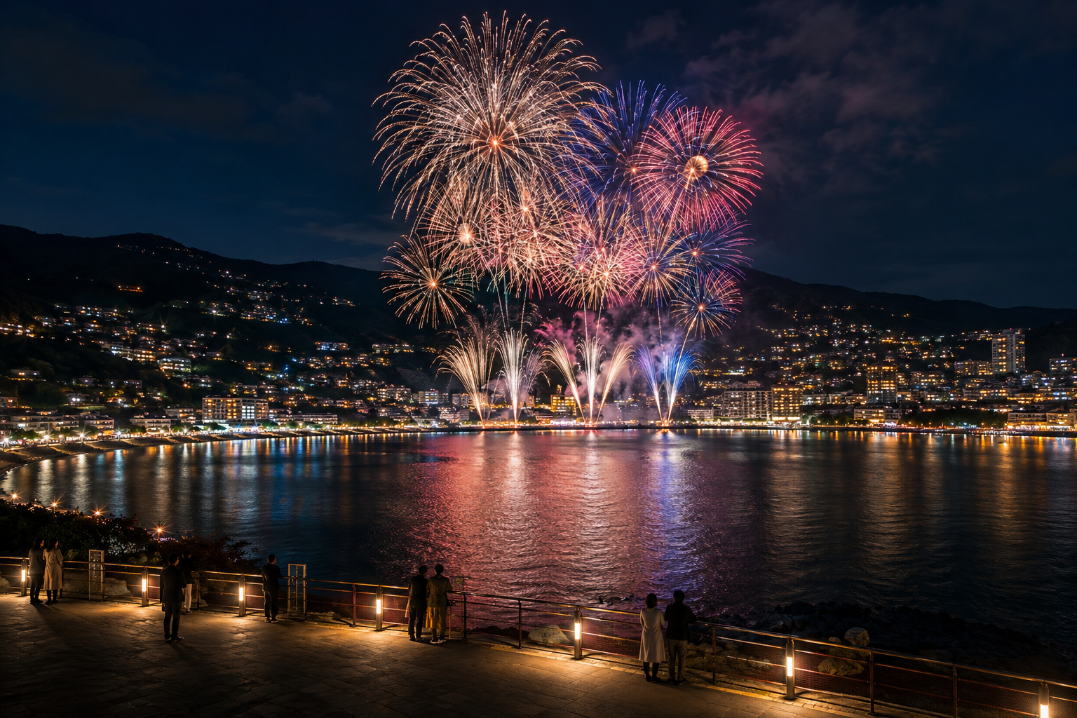 AI-generated editorial illustration of fireworks over a mountain-framed coastal bay