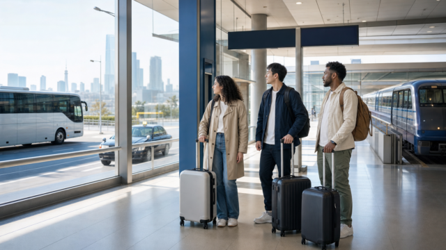 Travelers comparing airport rail, bus, and licensed taxi options in Tokyo