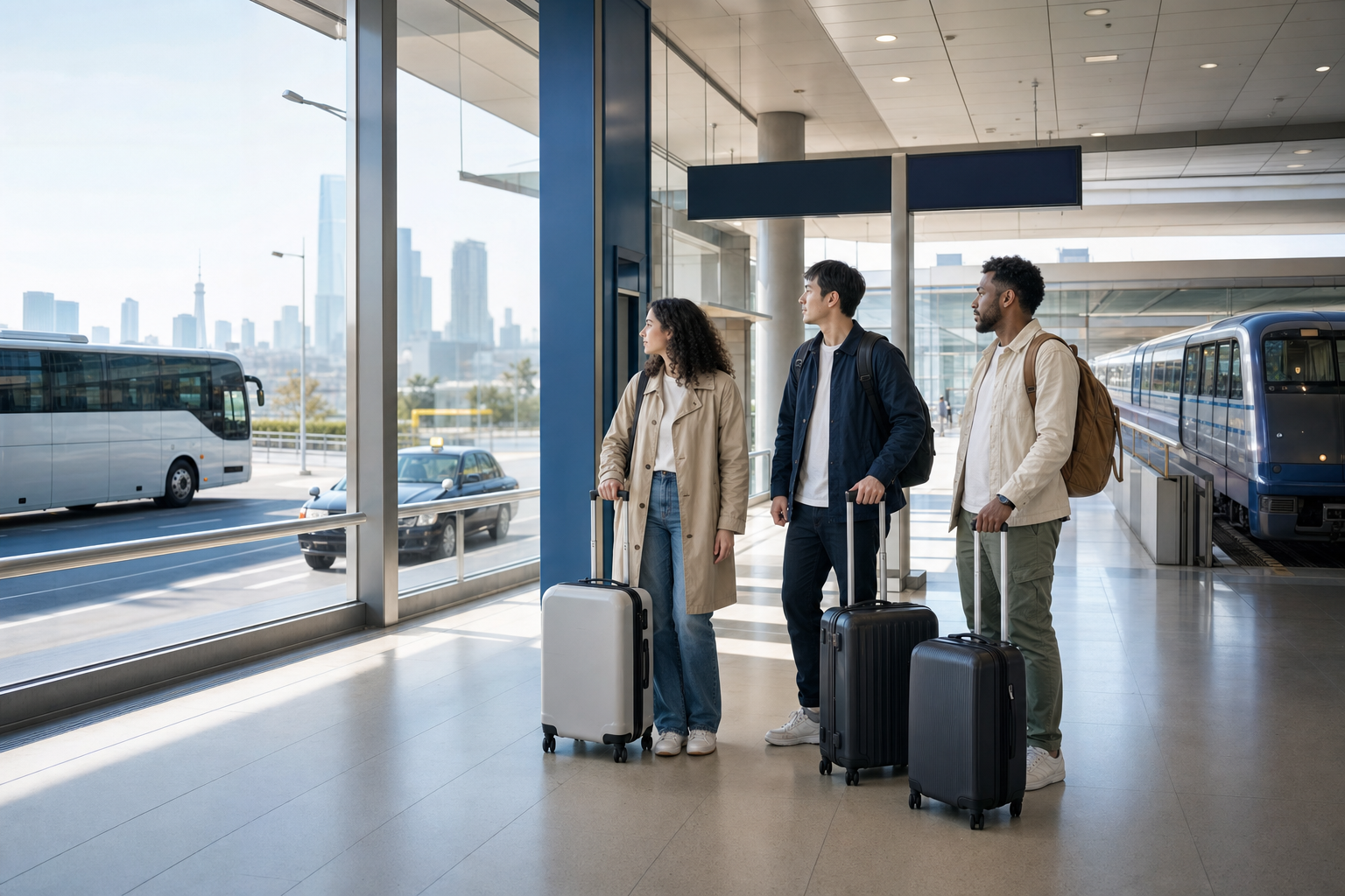 Travelers comparing airport rail, bus, and licensed taxi options in Tokyo