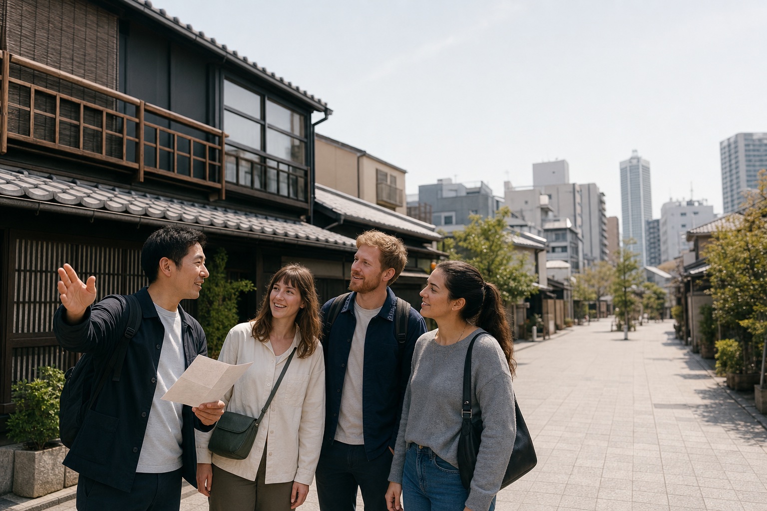 A local guide walking with three adult travelers through a Tokyo neighborhood