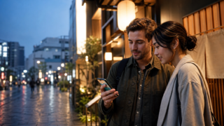 Two travelers checking Tokyo restaurant availability before dinner