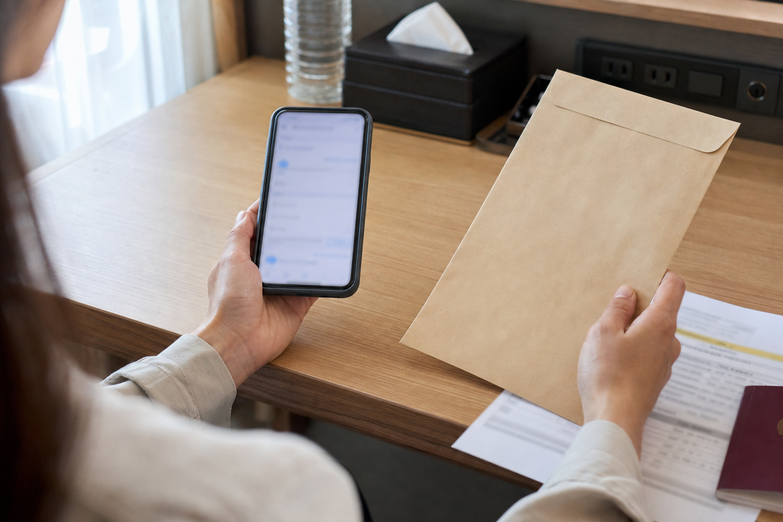 Traveler comparing a phone application with a mailed paper ticket envelope