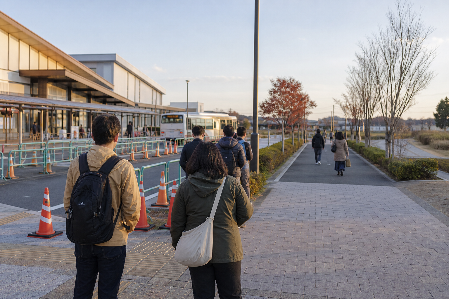 Travelers choosing between a shuttle queue and a walking route outside a station