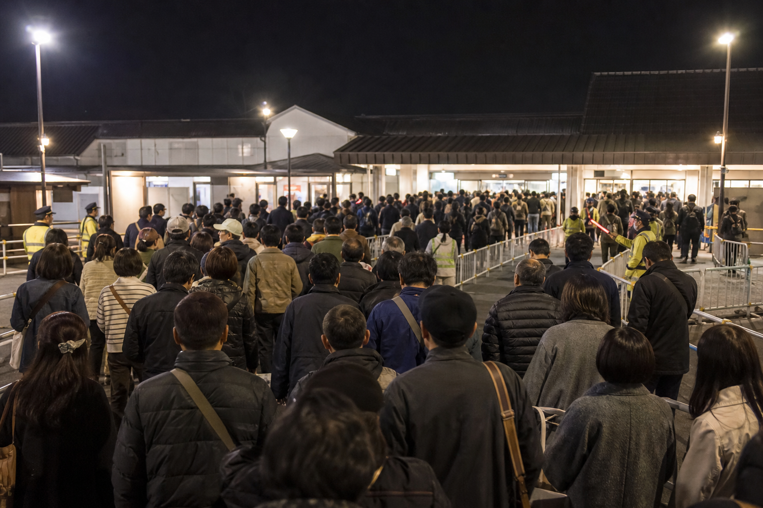 Orderly nighttime crowd moving through barriers toward a Japanese station