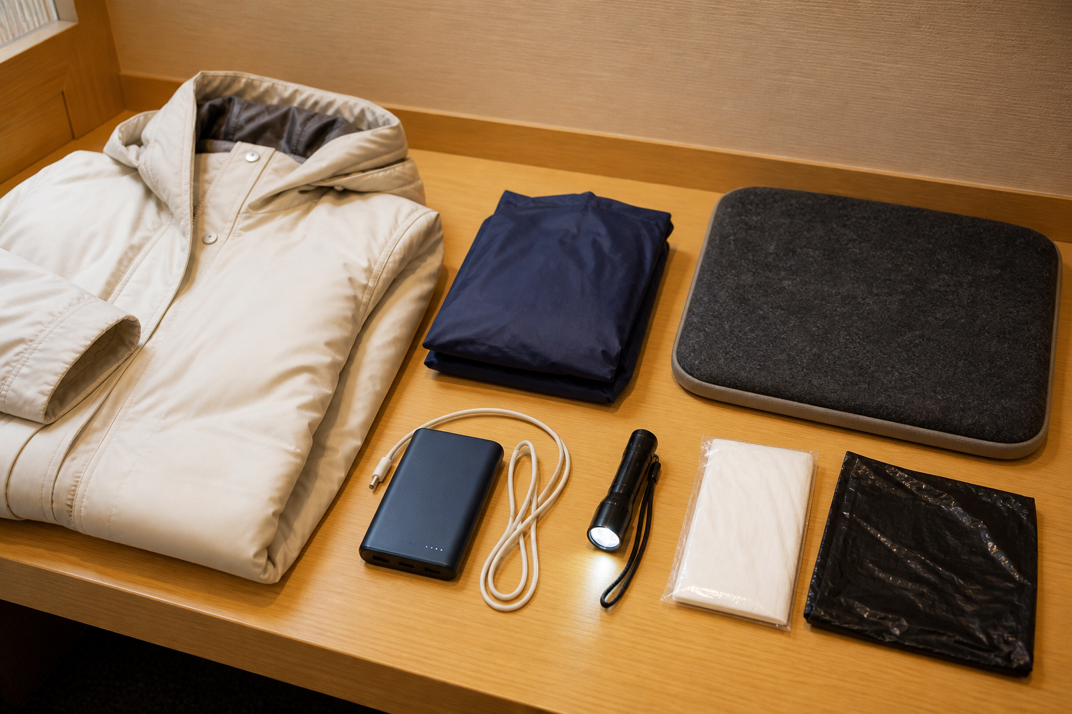 Warm layers, rain gear, cushion and power bank prepared for a fireworks event