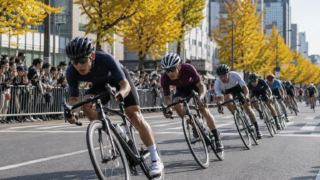 Generic elite road cyclists racing on a Japanese city street in autumn