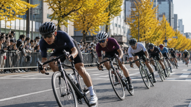Generic elite road cyclists racing on a Japanese city street in autumn