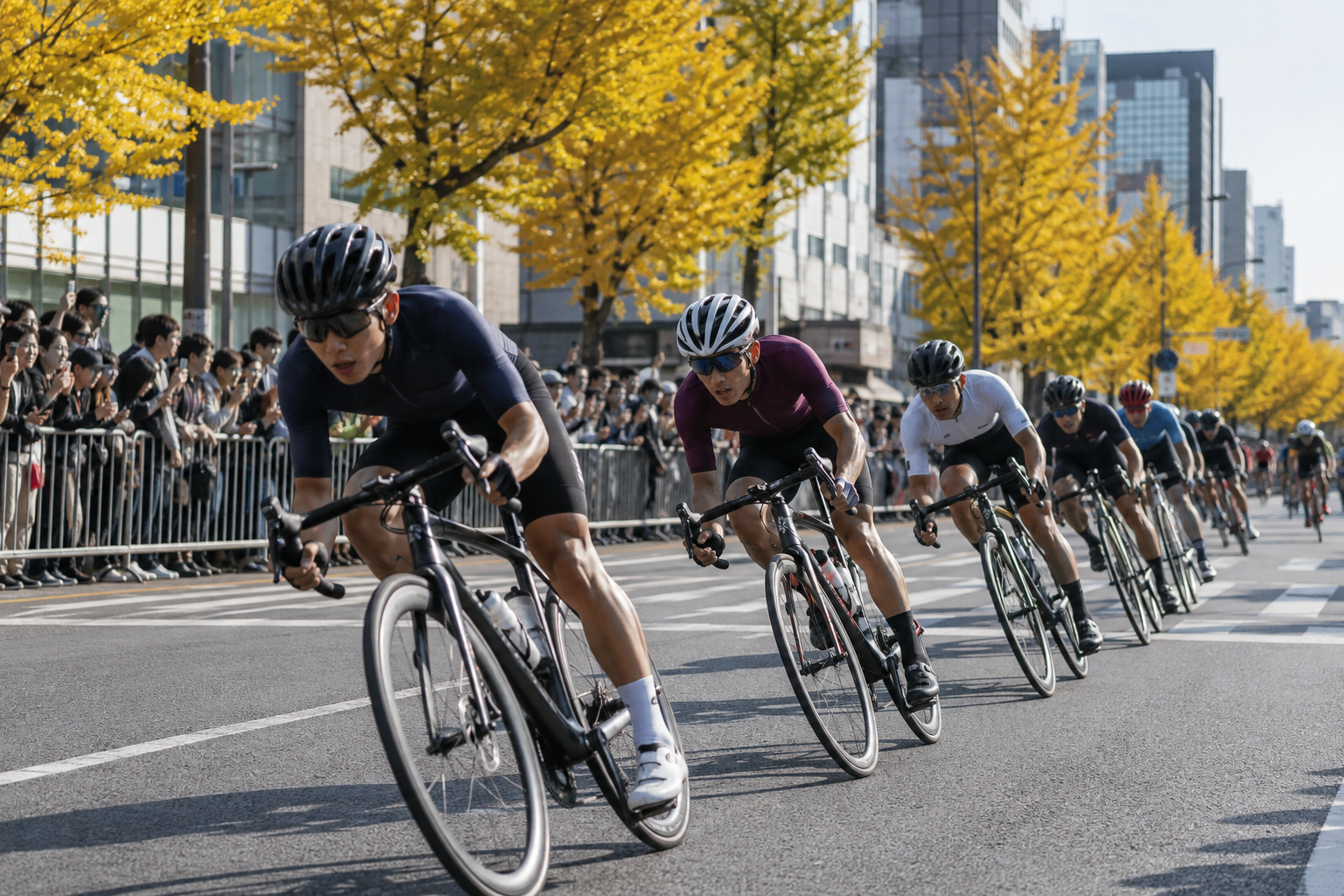 Generic elite road cyclists racing on a Japanese city street in autumn