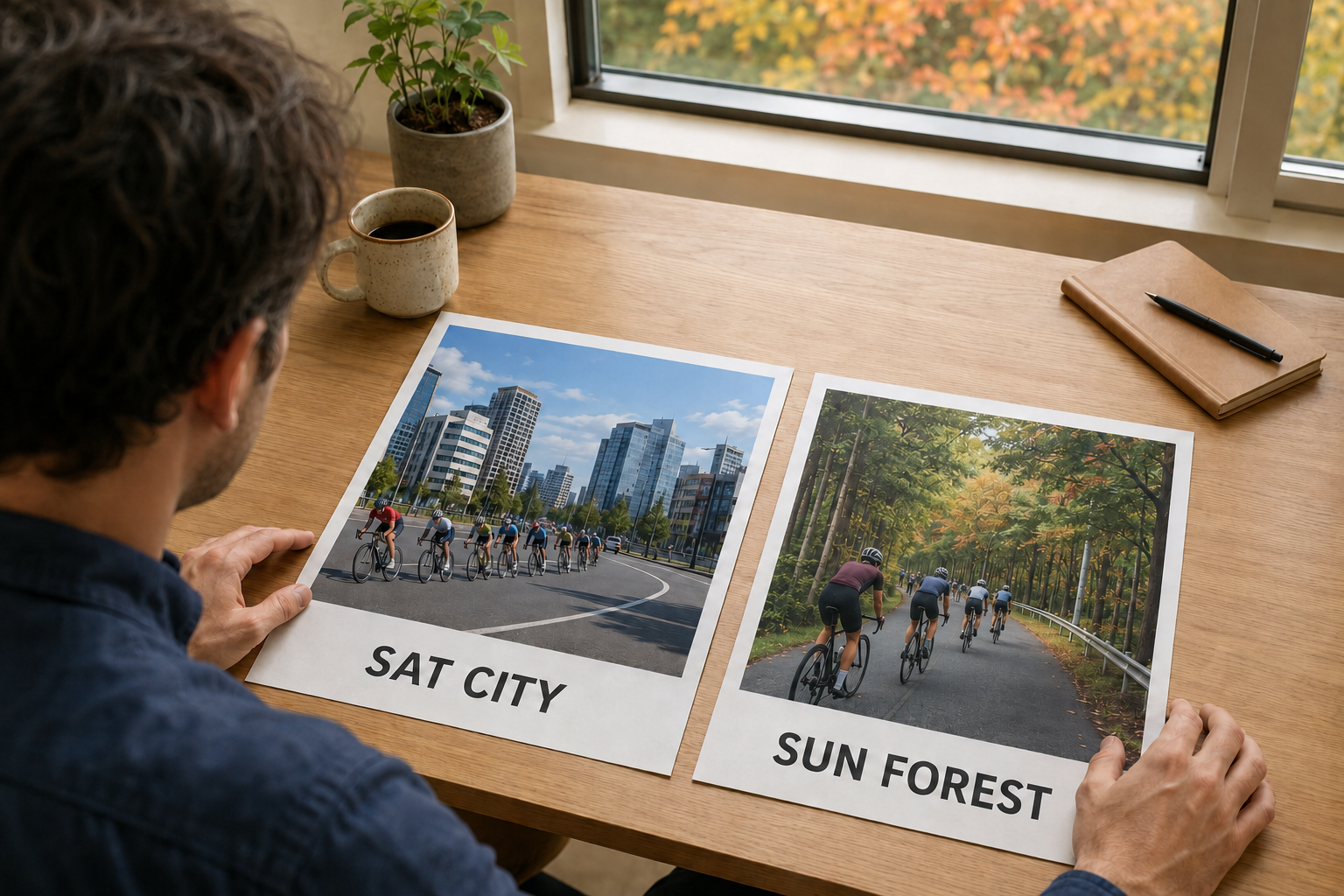 Traveler comparing Saturday city and Sunday forest cycling plans